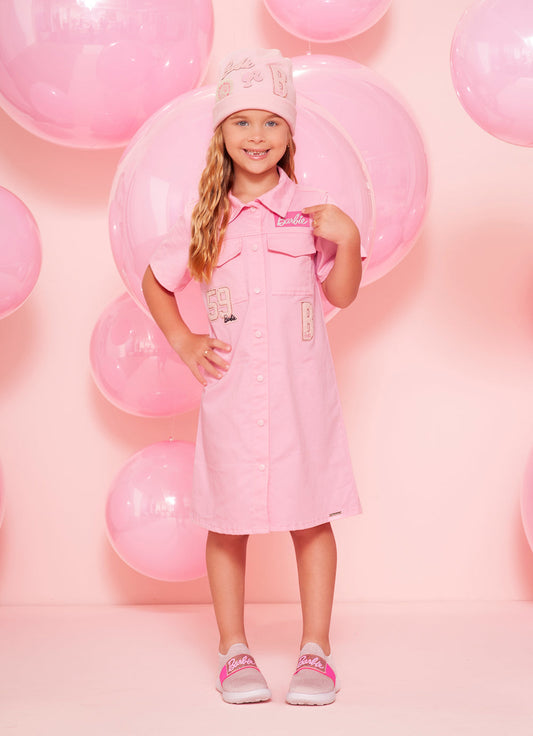 Vestido Infantil Sarja Bolsos Patches Barbie Rosa Romântico - Pituchinhus PRÉ-VENDA
