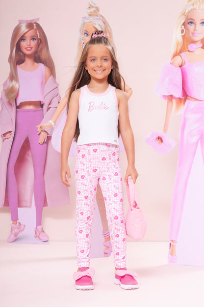 Conjunto Infantil Regata Barbie Cristais Off White e Calça Legging Barbie Rosa Xadrez - Pituchinhus