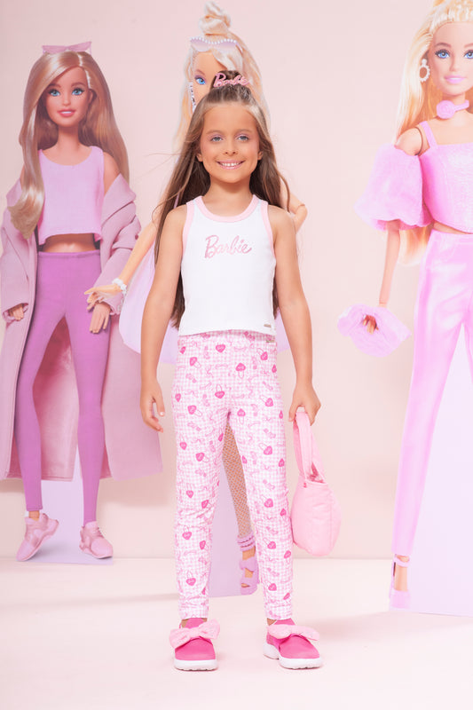 Conjunto Infantil Regata Barbie Cristais Off White e Calça Legging Barbie Rosa Xadrez - Pituchinhus