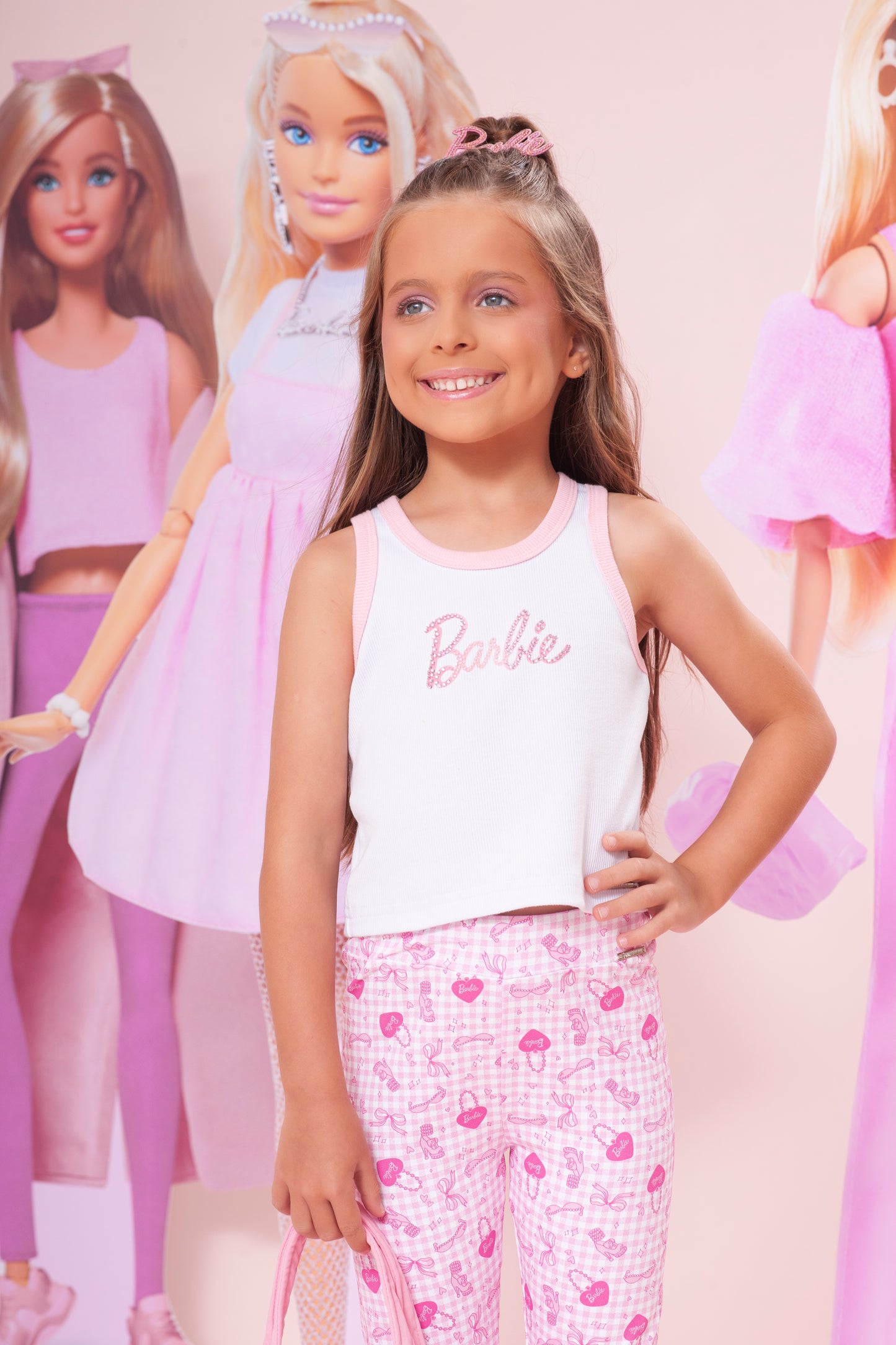 Conjunto Infantil Regata Barbie Cristais Off White e Calça Legging Barbie Rosa Xadrez - Pituchinhus