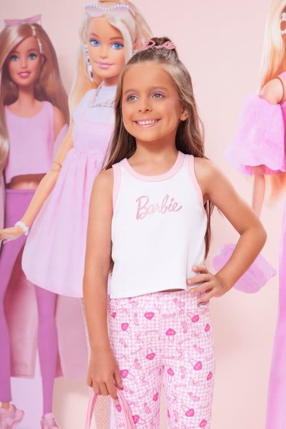 Conjunto Infantil Regata Barbie Cristais Off White e Calça Legging Barbie Rosa Xadrez - Pituchinhus