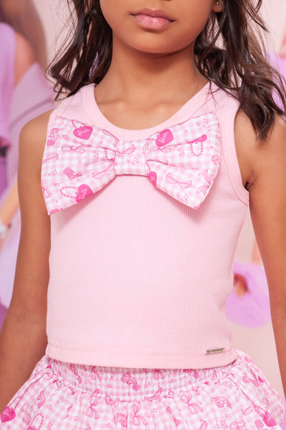 Conjunto Infantil Regata Cropped Laço Puffer Barbie Rosa e Shorts Babado Balonê Rosa Xadrez - Pituchinhus