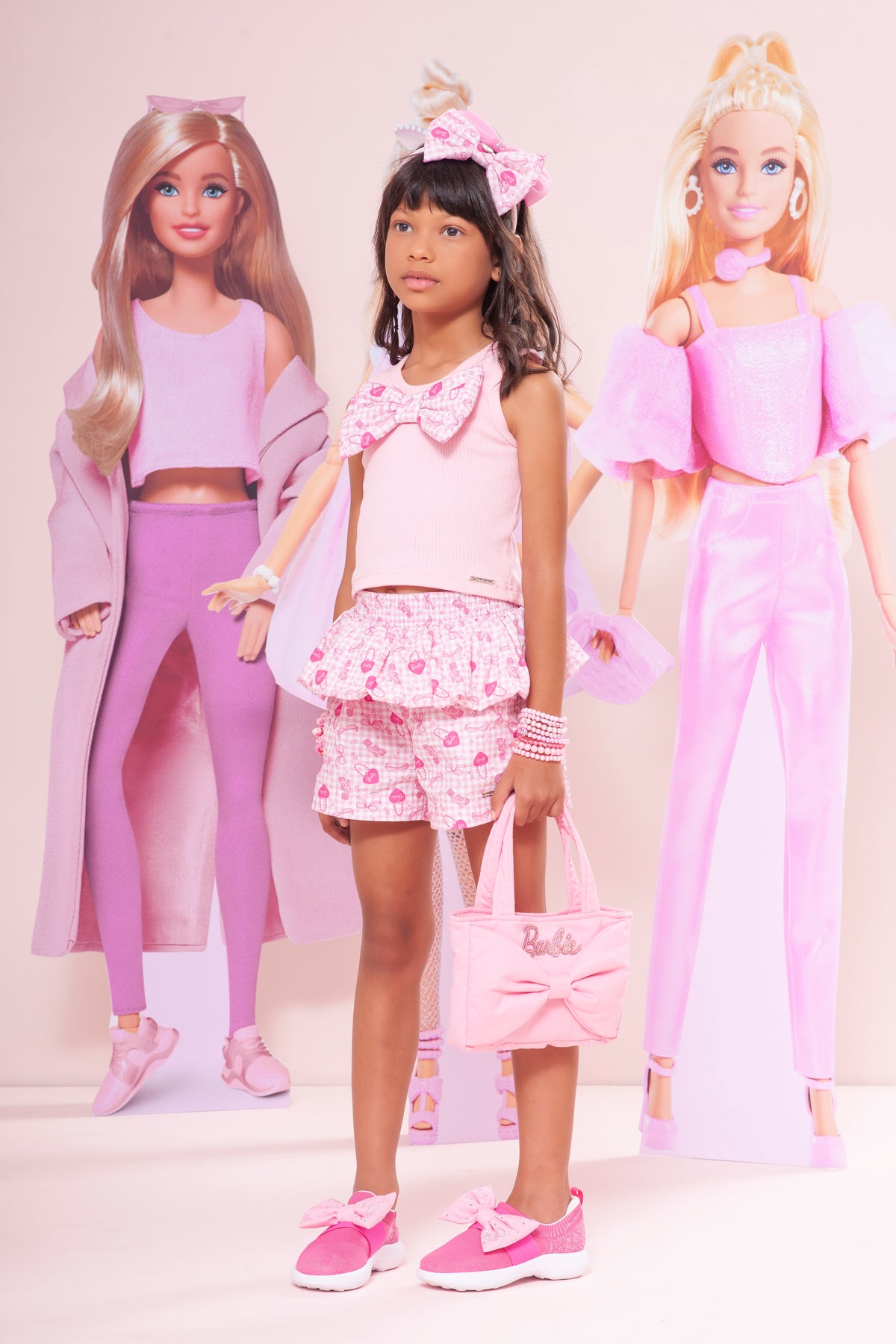 Conjunto Infantil Regata Cropped Laço Puffer Barbie Rosa e Shorts Babado Balonê Rosa Xadrez - Pituchinhus