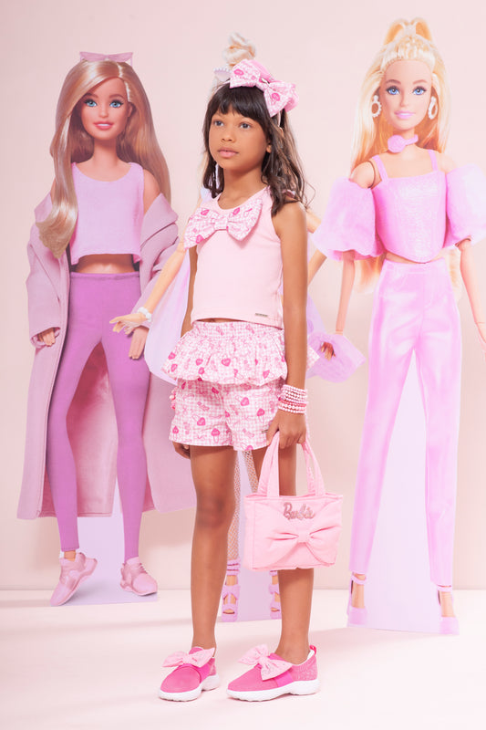 Conjunto Infantil Regata Cropped Laço Puffer Barbie Rosa e Shorts Babado Balonê Rosa Xadrez - Pituchinhus