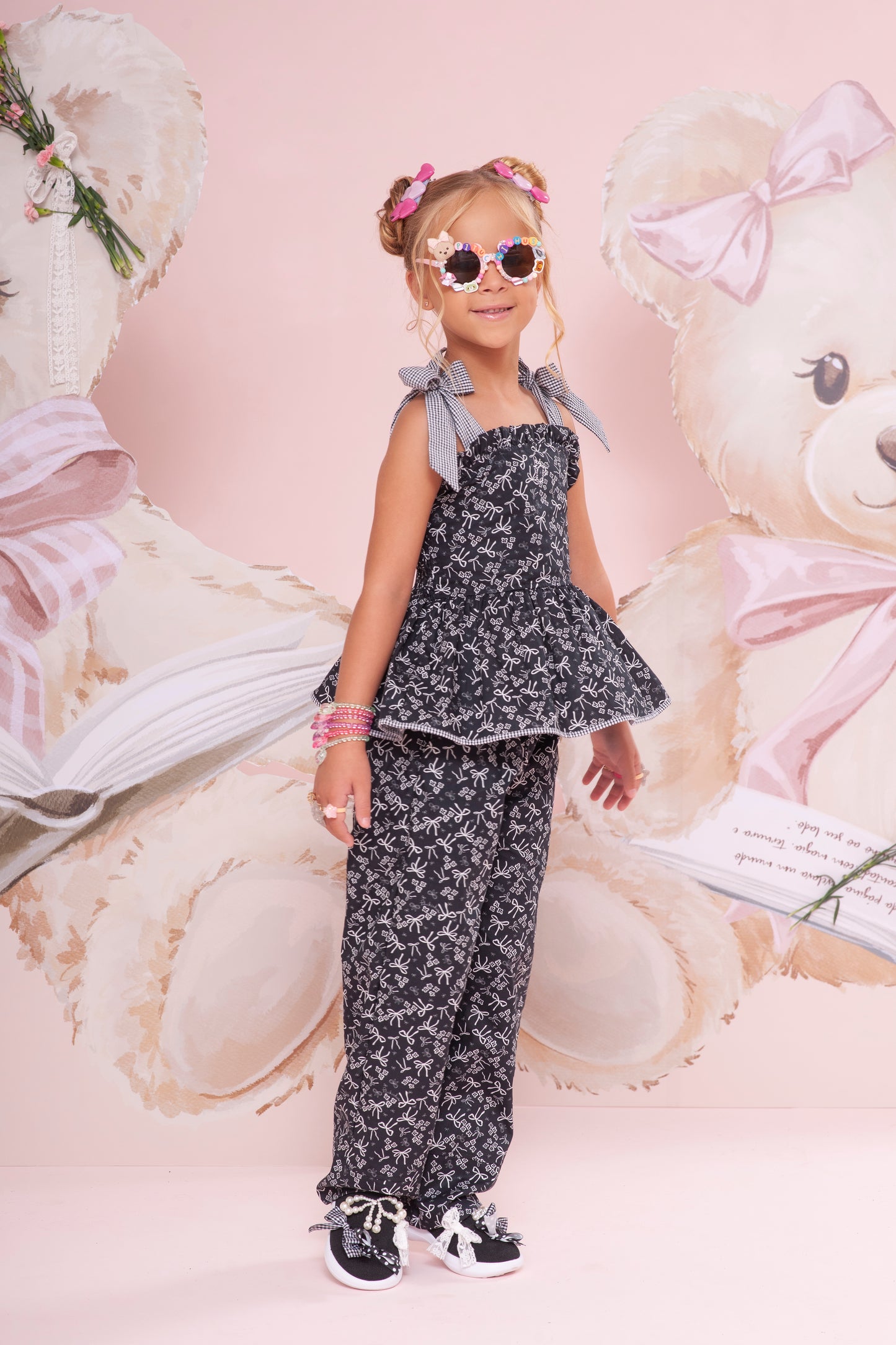 Conjunto Infantil Blusa Algodão Floral Babados e Calça Reta Floral e Laços - Pituchinhus
