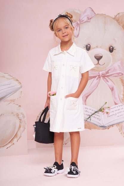 Vestido Infantil Sarja Bolsos Lacinhos Bordados Off White - Pituchinhus
