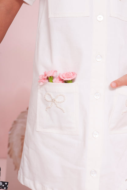 Vestido Infantil Sarja Bolsos Lacinhos Bordados Off White - Pituchinhus