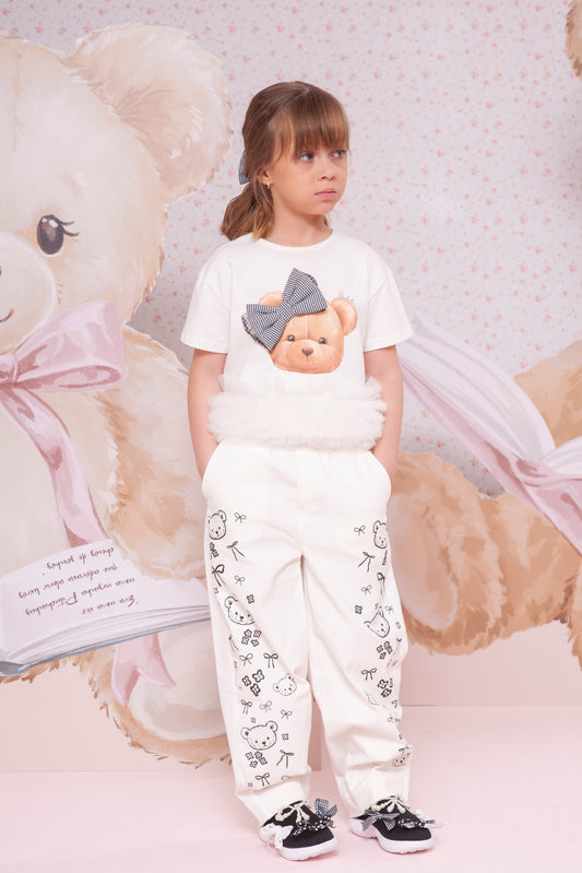 Conjunto Infantil Blusa Ursinha Laço Puffer FruFru Tule e Calça Sarja Baggy Ursinhos e Laços - Pituchinhus