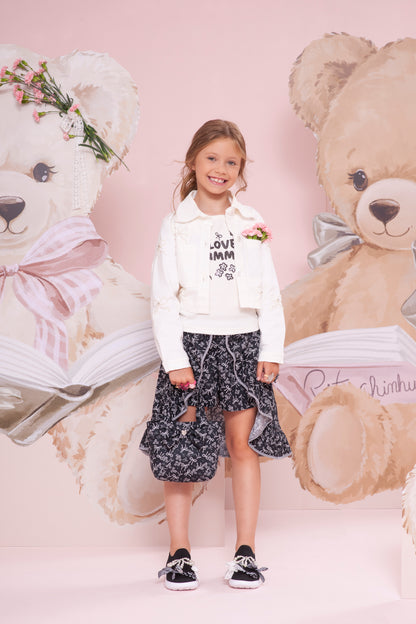Conjunto Infantil  Blusa Love Summer Cristal e Saia-Shorts Mullet Laços e Flores - Pituchinhus
