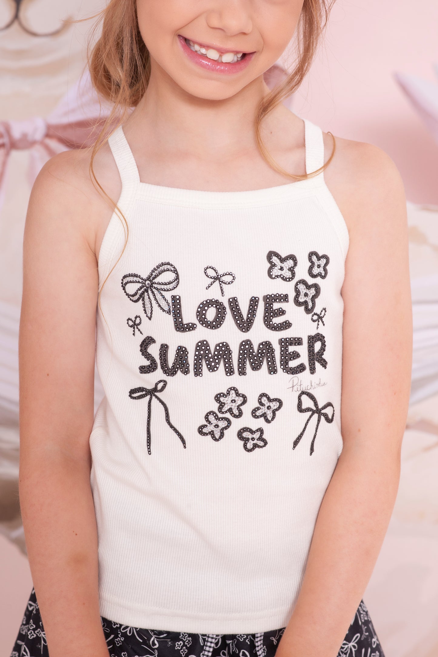 Conjunto Infantil  Blusa Love Summer Cristal e Saia-Shorts Mullet Laços e Flores - Pituchinhus