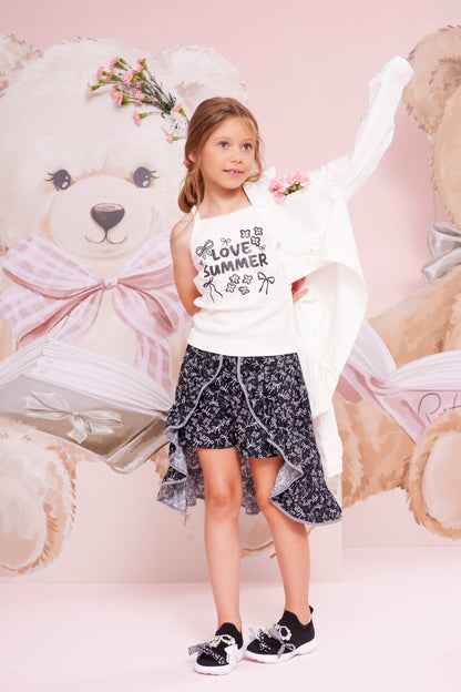 Conjunto Infantil  Blusa Love Summer Cristal e Saia-Shorts Mullet Laços e Flores - Pituchinhus