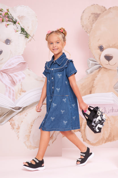Vestido Infantil Jeans Laços e Cristais - Pituchinhus