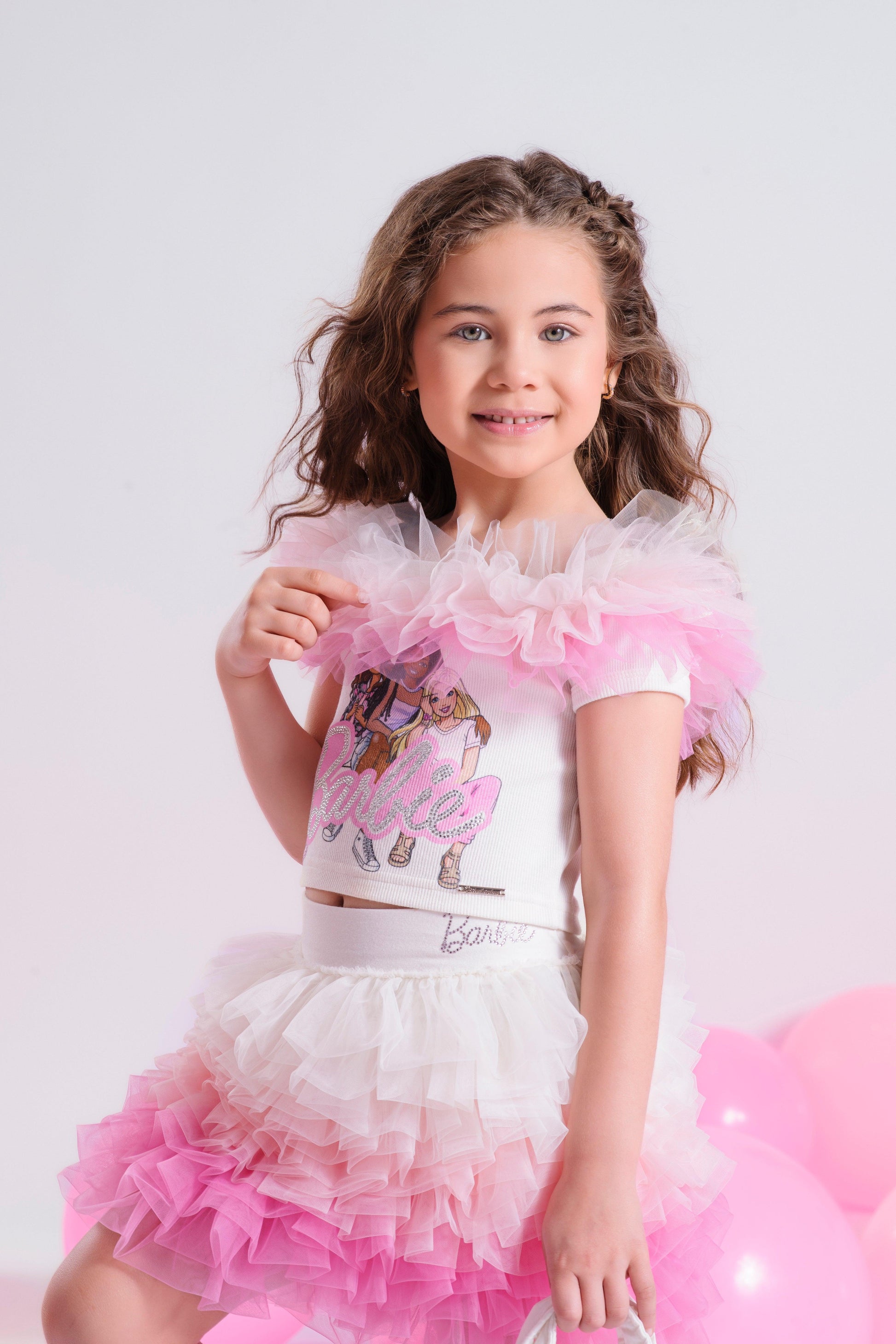 Conjunto Blusa Ombro a Ombro Tule & Saia Babados Tule Rosa - Barbie by Pituchinhus - Gracia