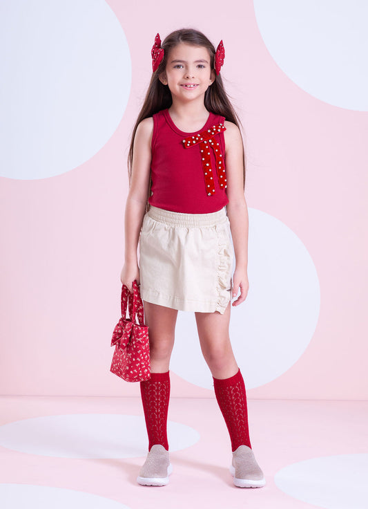 Conjunto Infantil Blusa Lacinho Bordado Bege e Saia-shorts Sarja Babadinho Bege - Pituchinhus