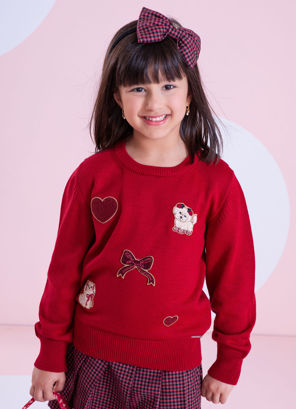 Conjunto Infantil Blusa Tricot Patches Cachorrinhos e Saia-shorts Xadrez Pregas - Pituchinhus