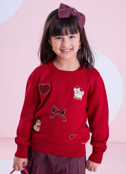 Conjunto Infantil Blusa Tricot Patches Cachorrinhos e Saia-shorts Xadrez Pregas - Pituchinhus