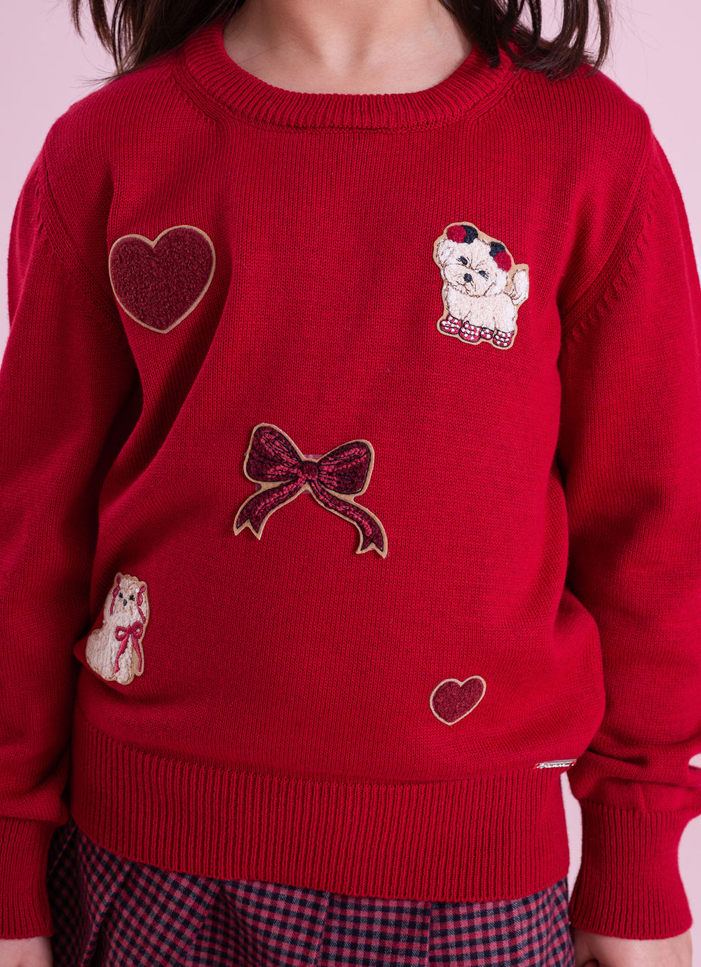 Conjunto Infantil Blusa Tricot Patches Cachorrinhos e Saia-shorts Xadrez Pregas - Pituchinhus