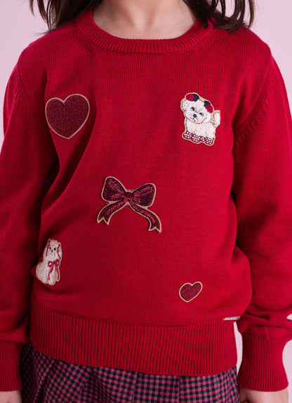 Conjunto Infantil Blusa Tricot Patches Cachorrinhos e Saia-shorts Xadrez Pregas - Pituchinhus