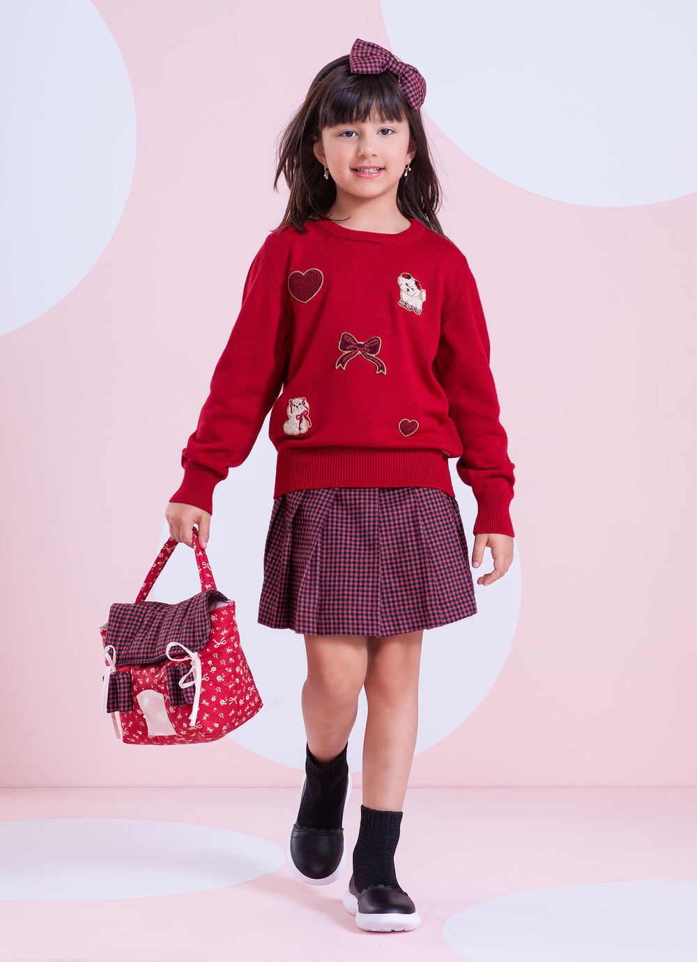 Conjunto Infantil Blusa Tricot Patches Cachorrinhos e Saia-shorts Xadrez Pregas - Pituchinhus