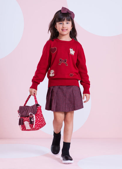 Conjunto Infantil Blusa Tricot Patches Cachorrinhos e Saia-shorts Xadrez Pregas - Pituchinhus