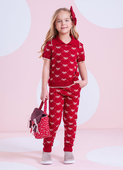 Conjunto Infantil Blusa Polo e Calça Jogging Lacinhos Bala de Cereja - Pituchinhus