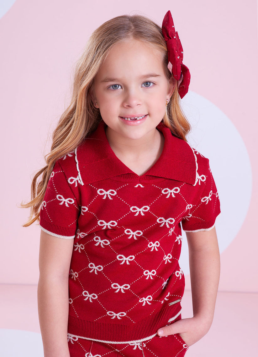 Blusa Infantil Tricot Gola Polo Mini Laços Vermelha- Pituchinhus