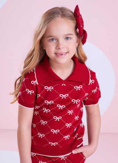 Blusa Infantil Tricot Gola Polo Mini Laços Vermelha- Pituchinhus