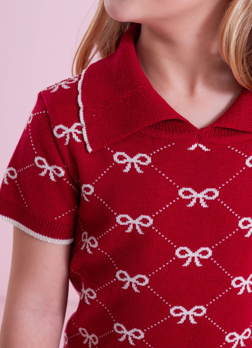 Blusa Infantil Tricot Gola Polo Mini Laços Vermelha- Pituchinhus