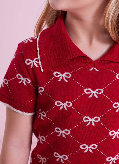 Blusa Infantil Tricot Gola Polo Mini Laços Vermelha- Pituchinhus