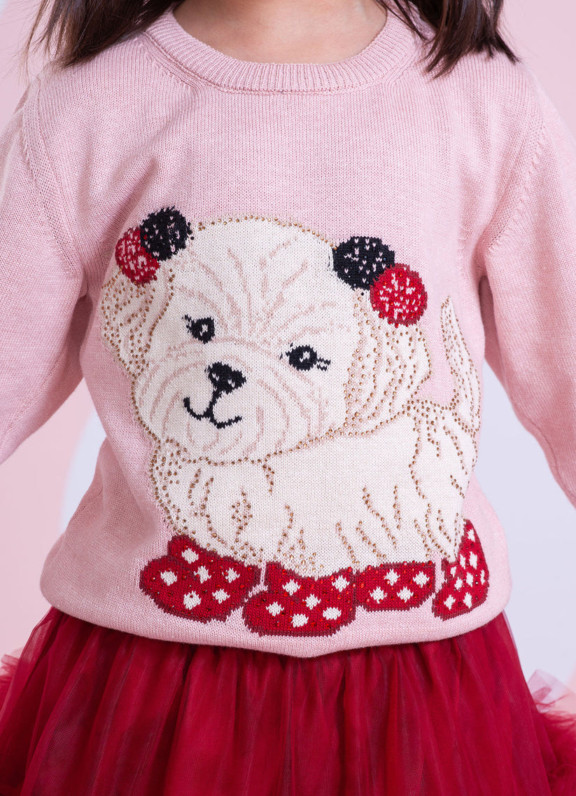 Blusa Infantil Tricot Cachorrinhos PomPom Cristais Rosa Dolce - Pituchinhus