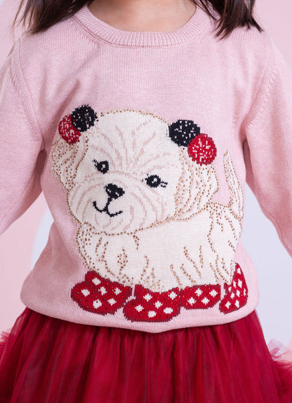 Blusa Infantil Tricot Cachorrinhos PomPom Cristais Rosa Dolce - Pituchinhus