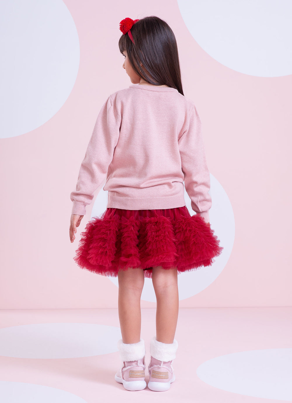 Conjunto Infantil Blusa Tricot Cachorrinhos Cristais Rosa Dolce & Saia-shorts Tule Babados Frufru Bala de Cereja - Pituc
