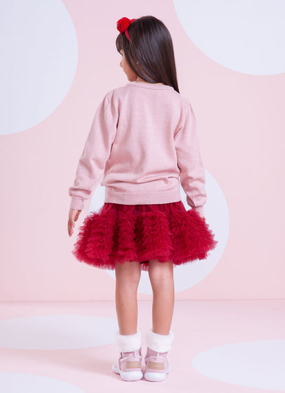 Conjunto Infantil Blusa Tricot Cachorrinhos Cristais Rosa Dolce & Saia-shorts Tule Babados Frufru Bala de Cereja - Pituc