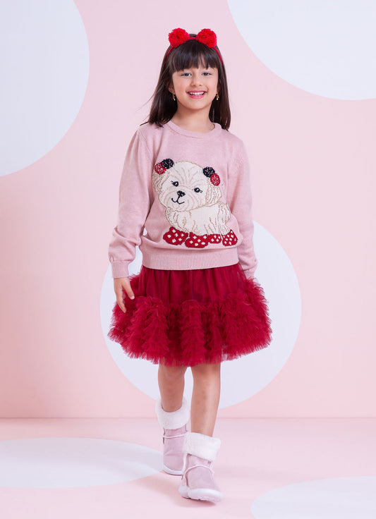 Conjunto Infantil Blusa Tricot Cachorrinhos Cristais Rosa Dolce & Saia-shorts Tule Babados Frufru Bala de Cereja - Pituc