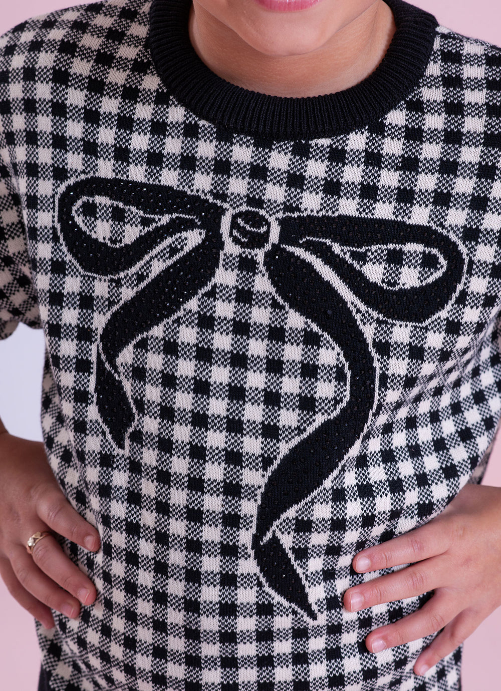 Conjunto Infantil Blusa e Calça Jogging Tricot Xadrez Laço Strass - Pituchinhus