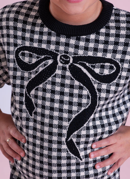 Conjunto Infantil Blusa e Calça Jogging Tricot Xadrez Laço Strass - Pituchinhus