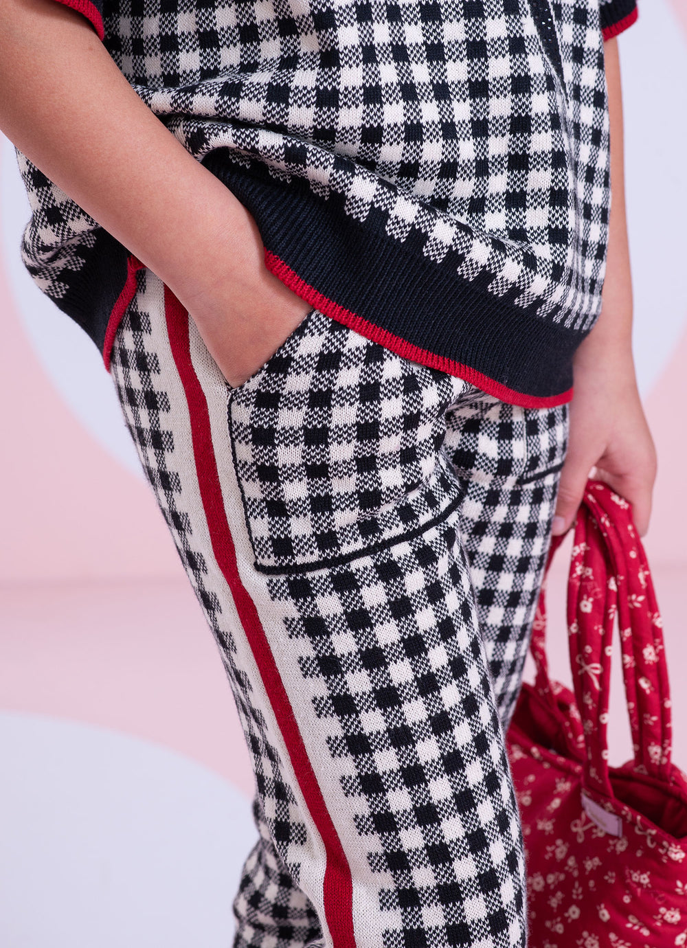 Conjunto Infantil Blusa e Calça Jogging Tricot Xadrez Laço Strass - Pituchinhus