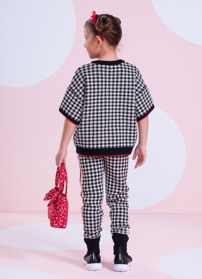 Conjunto Infantil Blusa e Calça Jogging Tricot Xadrez Laço Strass - Pituchinhus