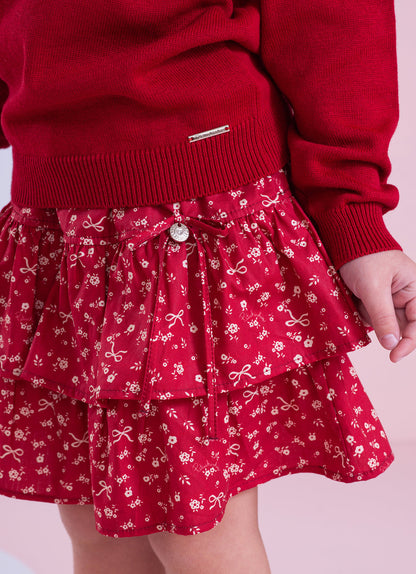Conjunto Infantil Blusa Tricot Laço Bordado Pérolas E Cristais Bala de Cereja e Saia-shorts Mini Flores Babados e Laços