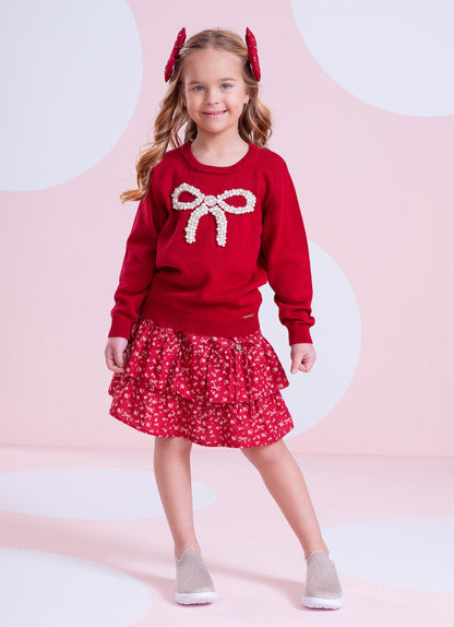 Conjunto Infantil Blusa Tricot Laço Bordado Pérolas E Cristais Bala de Cereja e Saia-shorts Mini Flores Babados e Laços