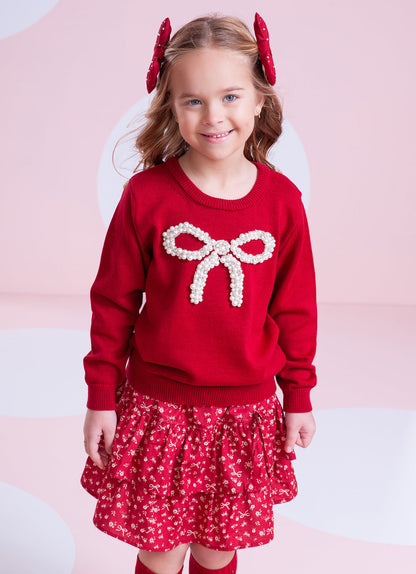 Conjunto Infantil Blusa Tricot Laço Bordado Pérolas E Cristais Bala de Cereja e Saia-shorts Mini Flores Babados e Laços