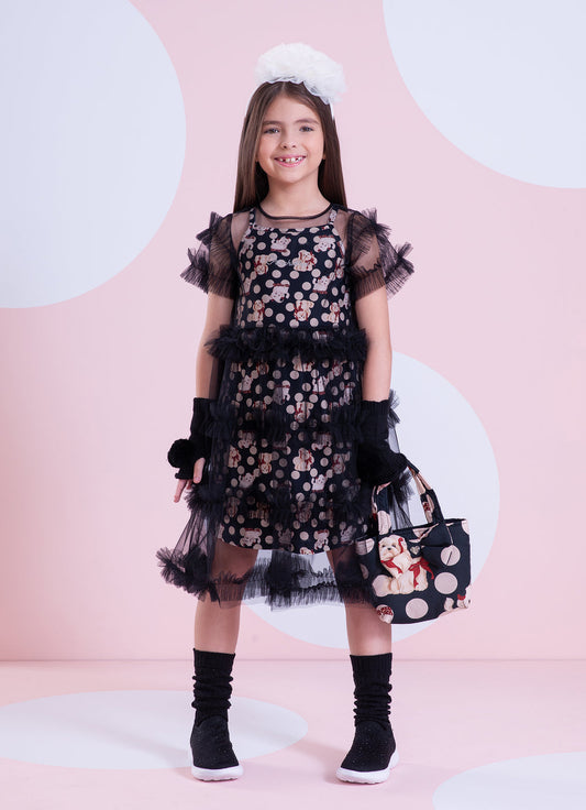 Vestido Infantil Tule Babados Poá Cachorrinhos - Pituchinhus