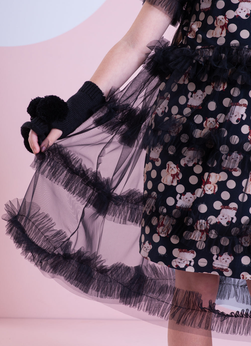 Vestido Infantil Tule Babados Poá Cachorrinhos - Pituchinhus