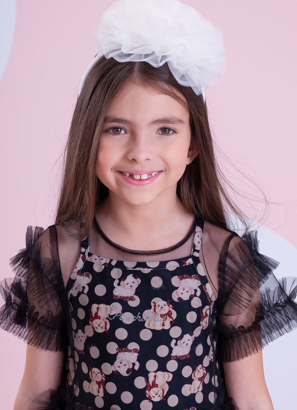 Vestido Infantil Tule Babados Poá Cachorrinhos - Pituchinhus