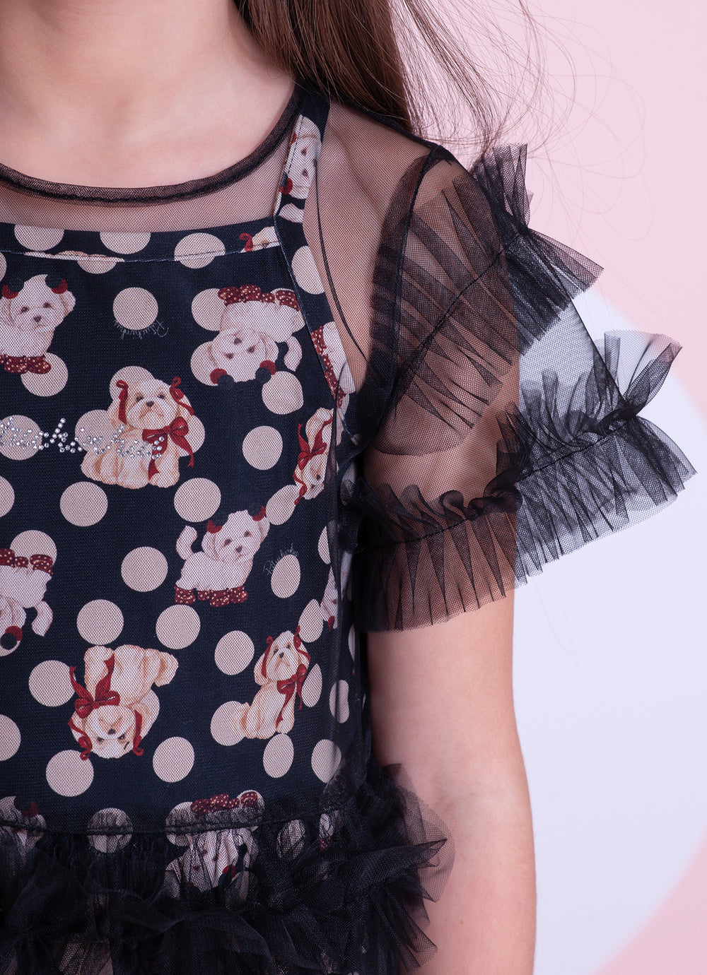 Vestido Infantil Tule Babados Poá Cachorrinhos - Pituchinhus