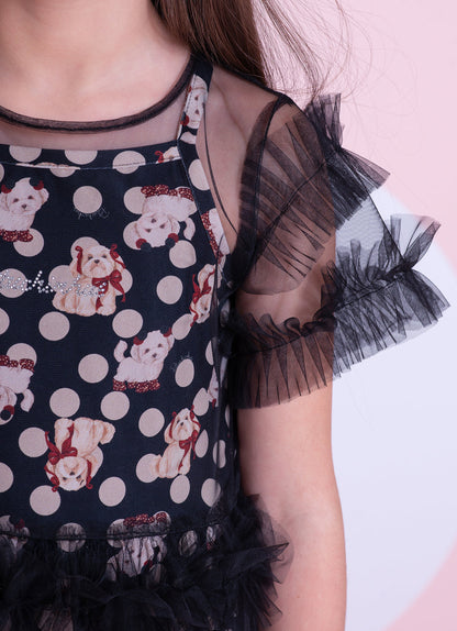 Vestido Infantil Tule Babados Poá Cachorrinhos - Pituchinhus