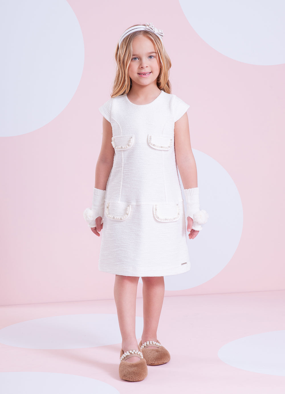 Vestido Infantil Bouclé Lapelas Bordadas Pérolas e Cristais Off White - Pituchinhus