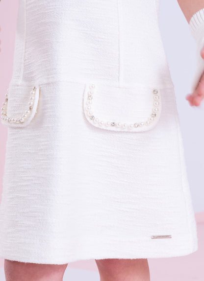 Vestido Infantil Bouclé Lapelas Bordadas Pérolas e Cristais Off White - Pituchinhus