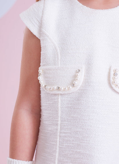 Vestido Infantil Bouclé Lapelas Bordadas Pérolas e Cristais Off White - Pituchinhus