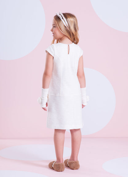 Vestido Infantil Bouclé Lapelas Bordadas Pérolas e Cristais Off White - Pituchinhus